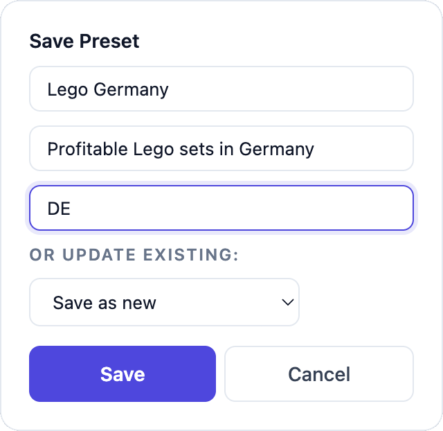 KeepaVault Save Preset dialog — name your filter, add a description, assign to a group, and never rebuild it again